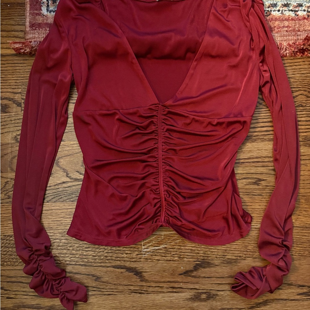 Free People intimately Ruched V-Neck Long Sleeve Top maroon red size small